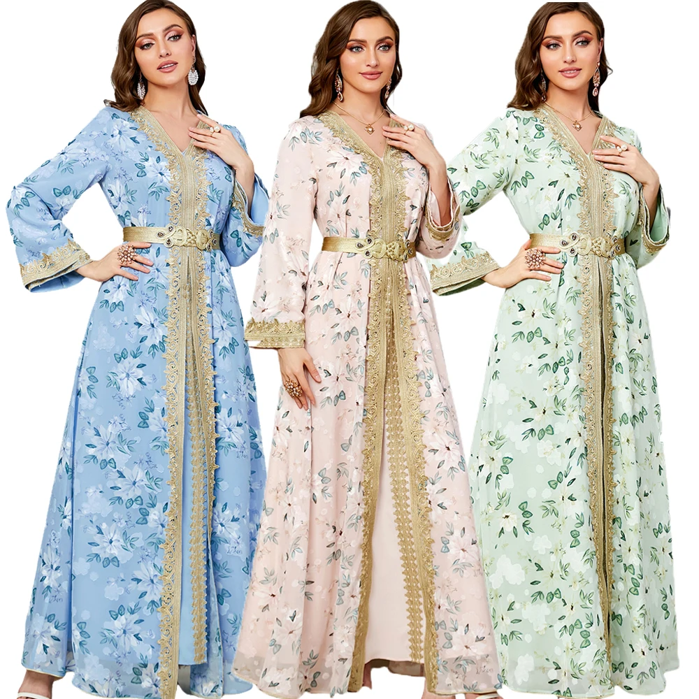 

Autumn Muslim Abaya for Women Dress 2 Piece Set Maxi A-line Abayas Print Kimono Saudi Arabic Morocco Kaftan Islamic Lace-up Robe