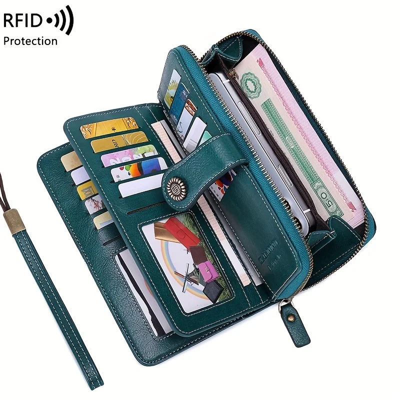 

RFID Blocking Vintage Women Long Wallet Large Capacity Multi-card Lady Purse Multi-function Female Zipper Purse with Wrist Strap
