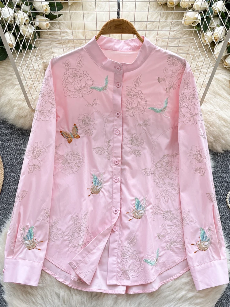 Luxuriöse rosa Schmetterlings-Stickerei-Bluse für Damen, 2022, neue elegante, lockere O-Ausschnitt-Langarm-Shirt-Damenbekleidung, schicke INKEO 5T074