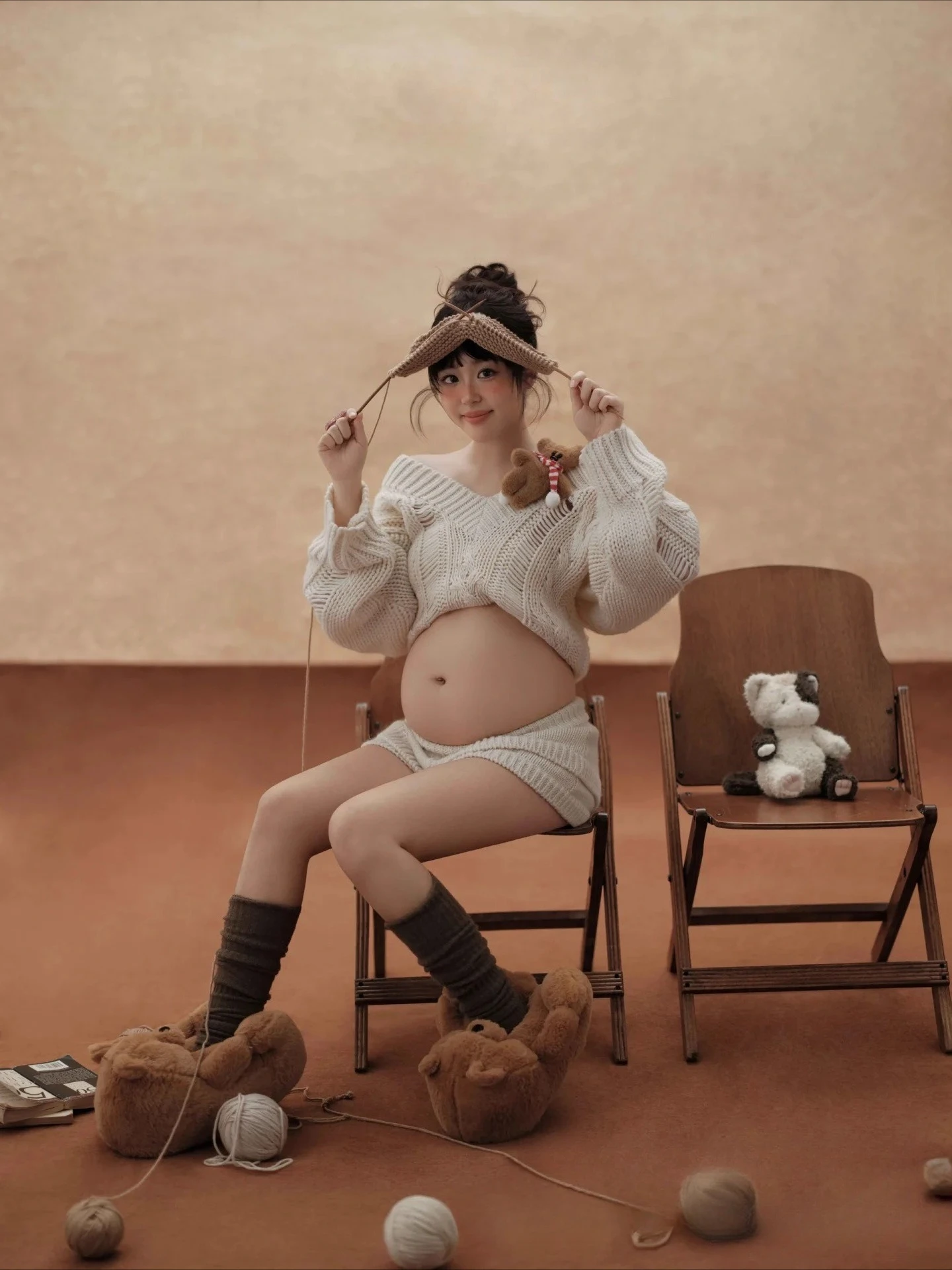 النساء التصوير الفوتوغرافي الأمومة مجموعة الحمل الأبيض محبوك سترة مع السراويل 2PCS عارضة استوديو اطلاق النار التقطت الصور الملابس #5