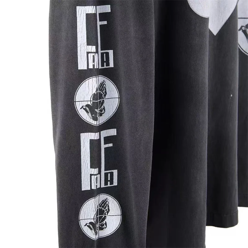 Streetwear Eternal Letter Print Saint Michael T Shirt Men's Women's Sports Pullovers Washed Do Old Damaged Long Sleeved T-shirt