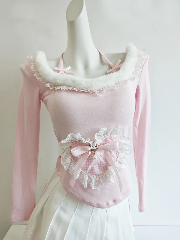 

Милые топы, футболка, женская осенняя футболка с длинными рукавами и кружевной отделкой, розовая клетчатая футболка в форме сердца с круглым вырезом, милая футболка для девочек, кавайная одежда