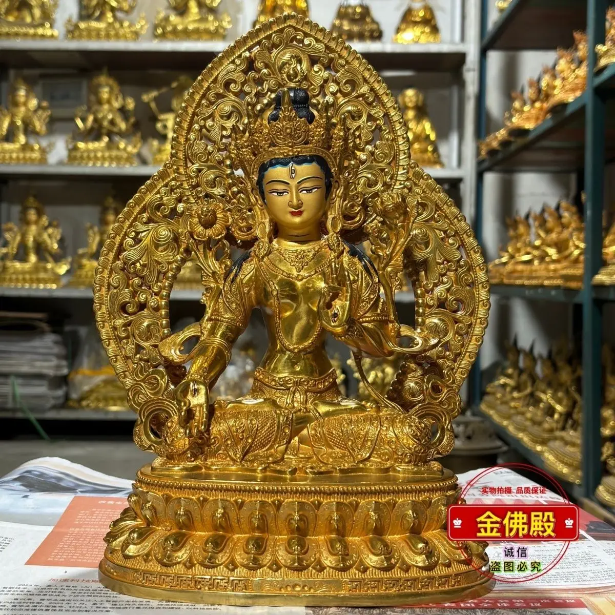White mother gilt Buddha statue Tibetan legend 10 inch 33 cm with backlight Tantra bronze statue Buddha