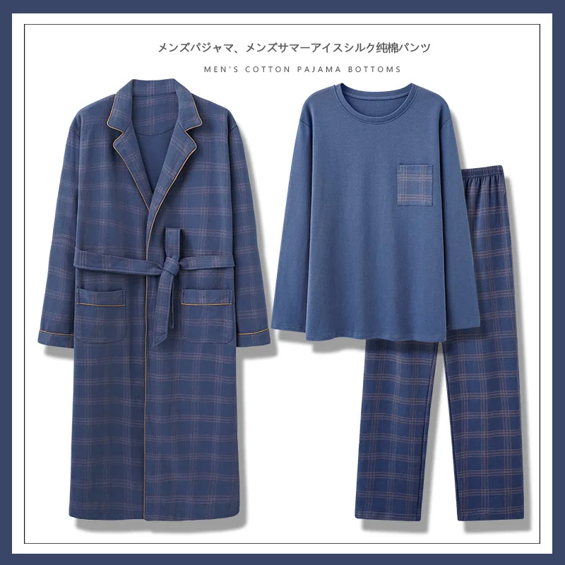 Cotton Pajama Set for Men with Long Sleeve Nightgown and Bathrobe for Home and Outdoor Wear