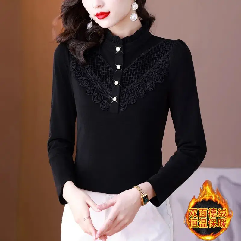 Autumn Winter Women Korean Elegant Ruffle Lace Slim Warm Long Sleeve Basic T-shirts Retro Half High Collar Ladies Tops Clothing