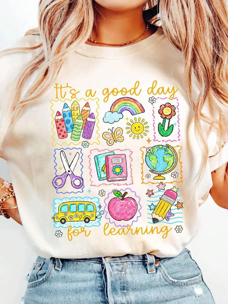 Women's Vintage Graphic Tee Good Day For Learning Print Teacher T Shirt Short Sleeve Retro Top For Back To School Elementary Classroom Summer Outfits Gift For Her