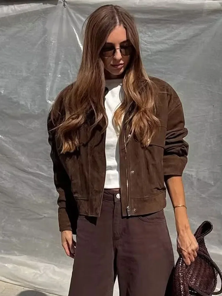 

HH Woman Elegant Long Sleeves Loose Casual Jacket Women's Zipper Pocket Button Decoration Solid High Street Short Coat