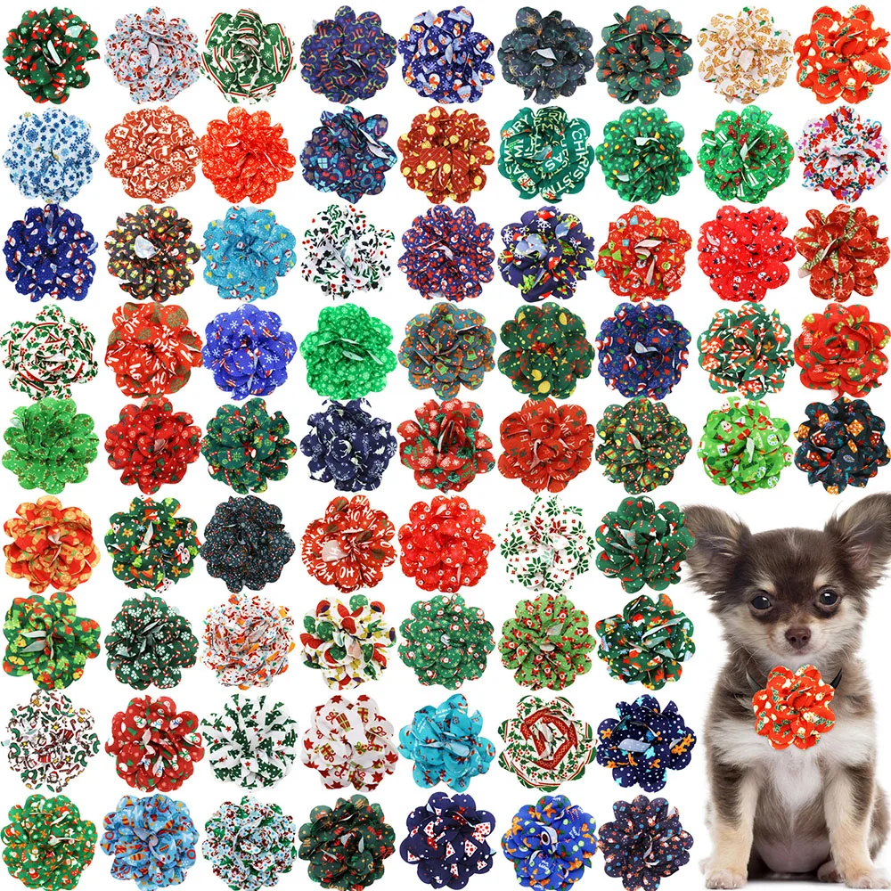 50PCS Removable Flower Bow Tie For Dogs Christmas Collar Dogs Grooming Dog Christmas Bowties Collar Accessories For Small Dogs