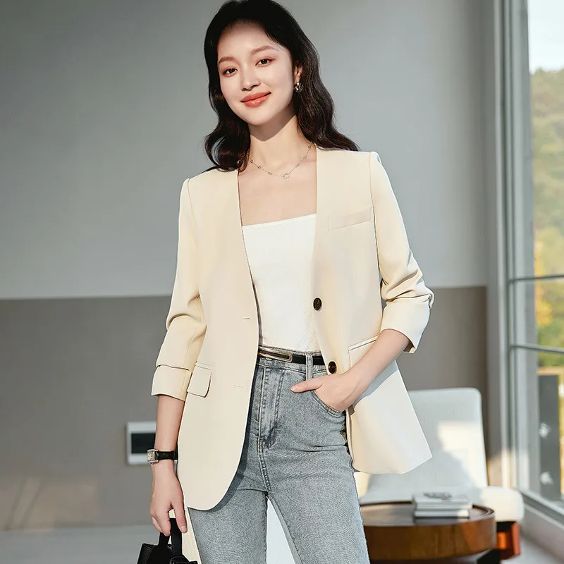Blazer long de haute qualité pour femmes, simple boutonnage, col en V, nouvelle veste de bureau élégante à la mode, beige, noir, marron, automne 2025