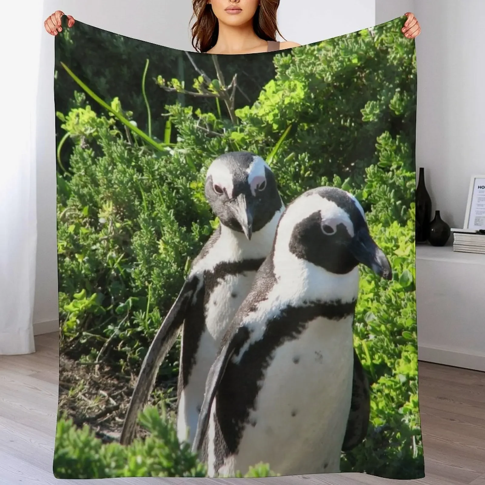 

Two African Penguins Strolling Boulders Beach, Cape Town, South Africa Throw Blanket Quilt Large funny gift Cute Plaid Blankets