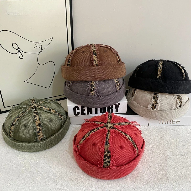 American Leopard Print Splicing Landlord Hat Men Summer and Autumn Hip-hop Beanie Cap Women Outdoor Short-brim Melon Skin Hats