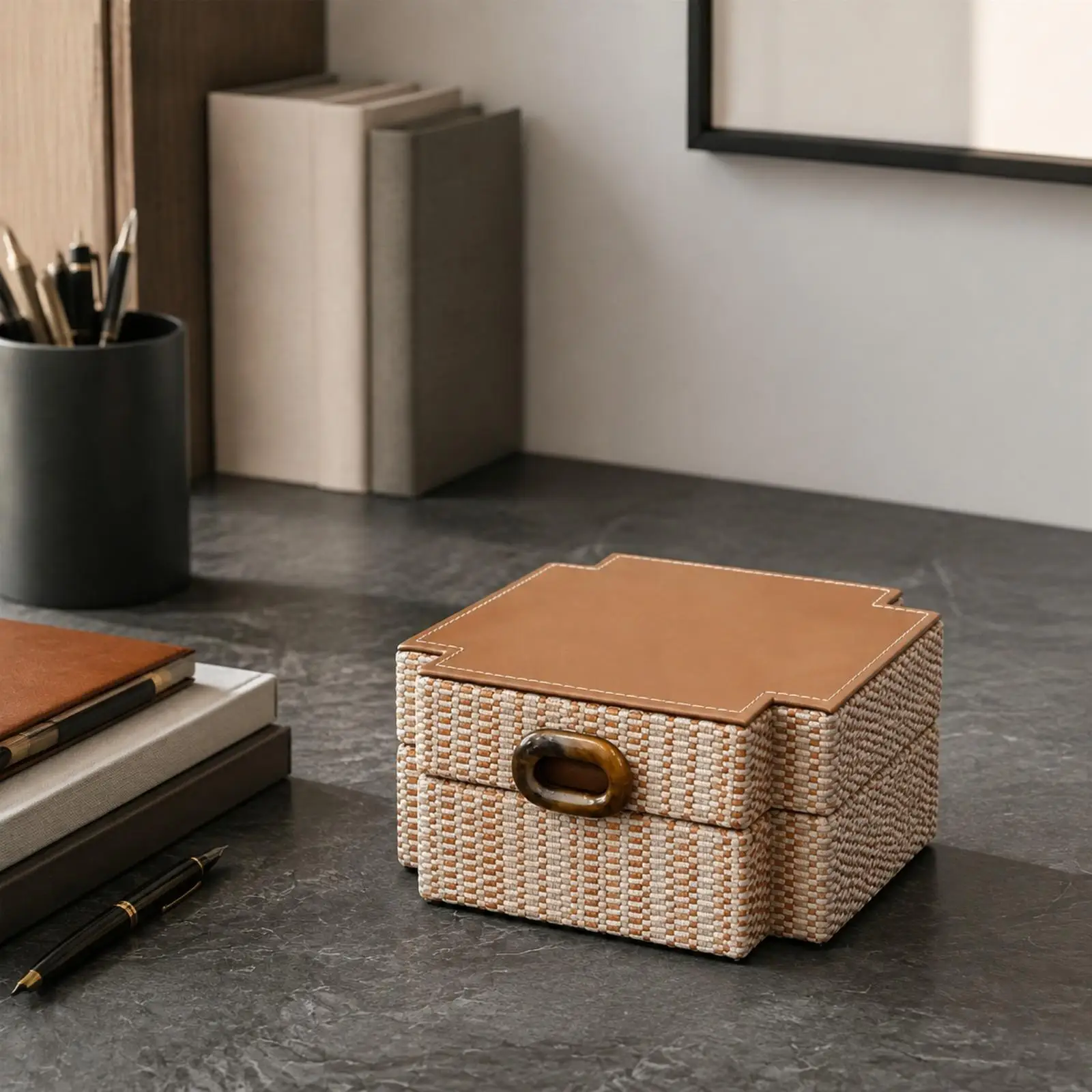 Rectangle Decorative Tray Storage Box Wood Leather Handmade Organizer with Stitched Borders and Gemstone Pull for Display