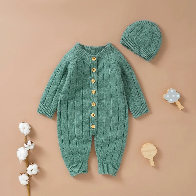 

Newborn Baby Rompers Knitted Infant Girl Boy Jumpsuit Outfits Long Sleeve Autumn Toddler Clothing Hat 2PC Fashion Solid Overalls