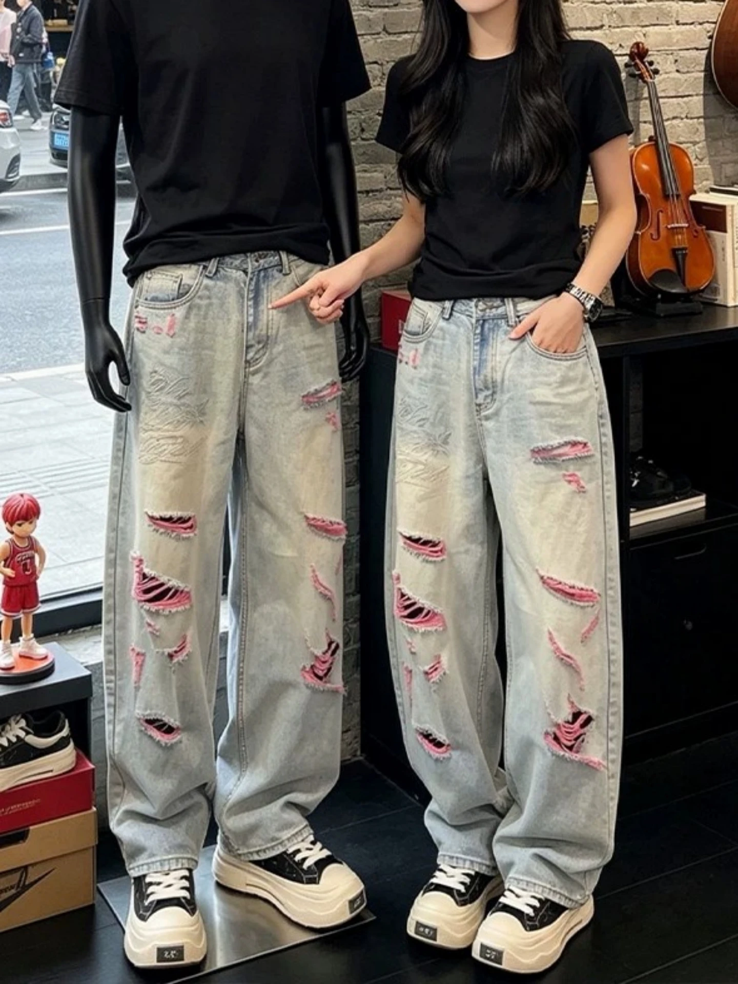 Retro Washed Heavy Duty Denim Jeans Men's New Style Small  Pink Hole Edged Embroidery Straight Leg Micro Flared Pants