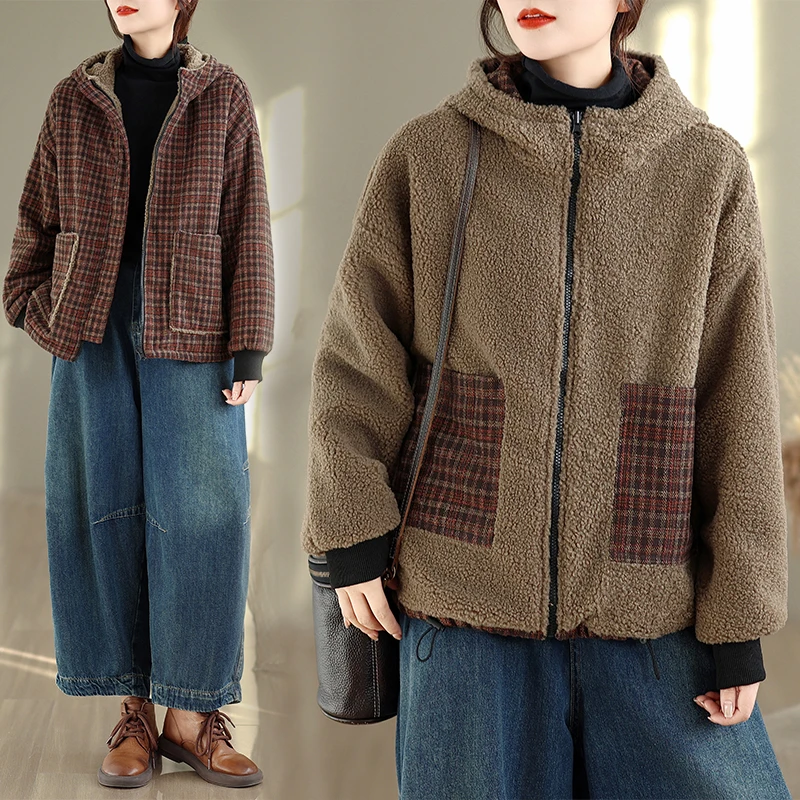 2025 Winter New Plaid Design Double-Sided Wear Fleece-Lined Thickened Casual Versatile Anti-Aging Slimming Hooded Cotton Jack...