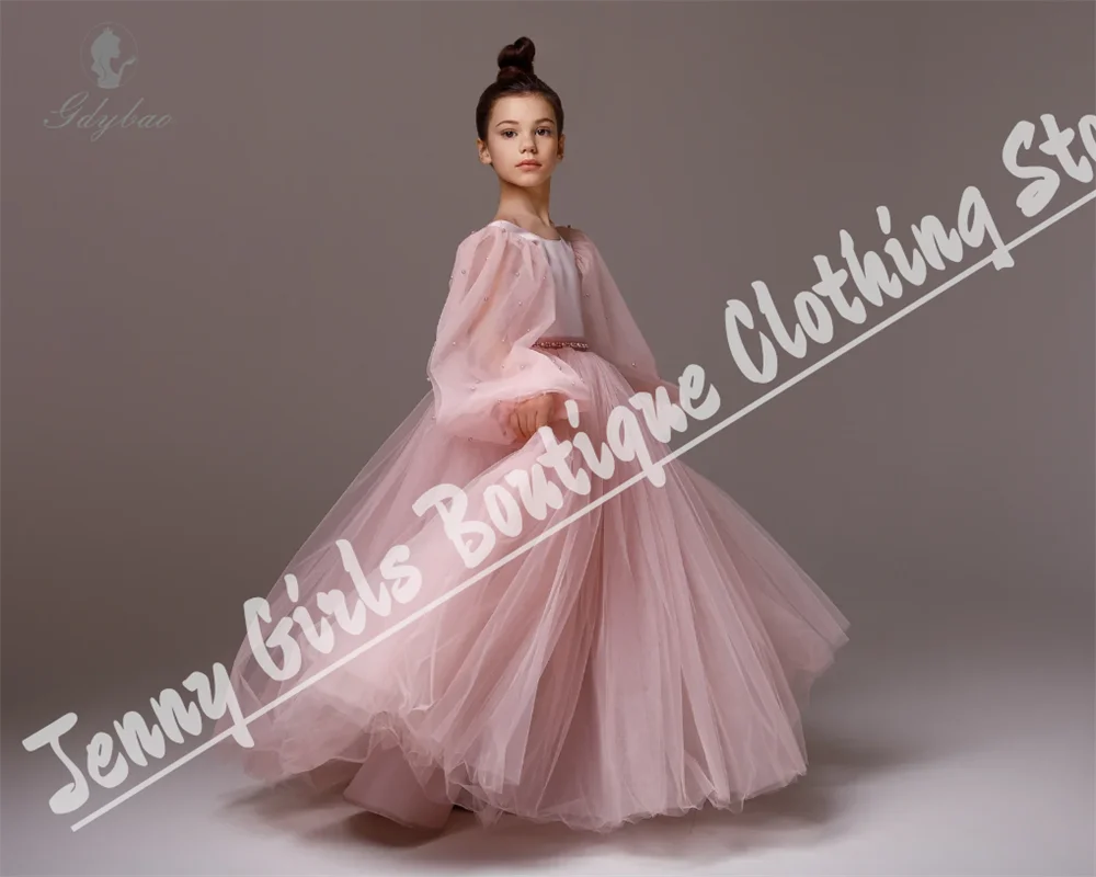 

Light Pink Transparent Long Sleeve Elegant Flower Girl Dress Pearl Belt Sacrament Bridesmaid Birthday Ball Dress