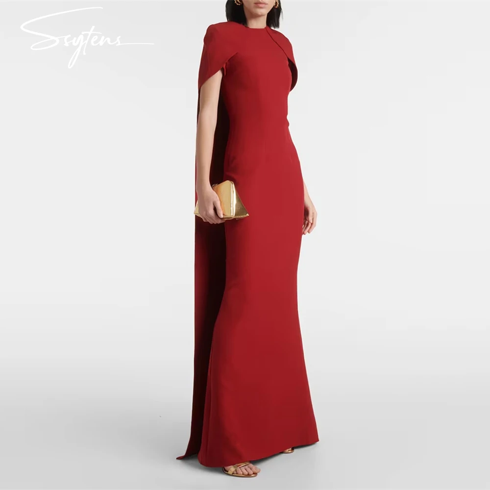 Chic Dark Red Long O Neck Mermaid Causal Prom Dresses Satin Cape Sleeves Formal Event Evening Party Gowns robes de soirée Dress