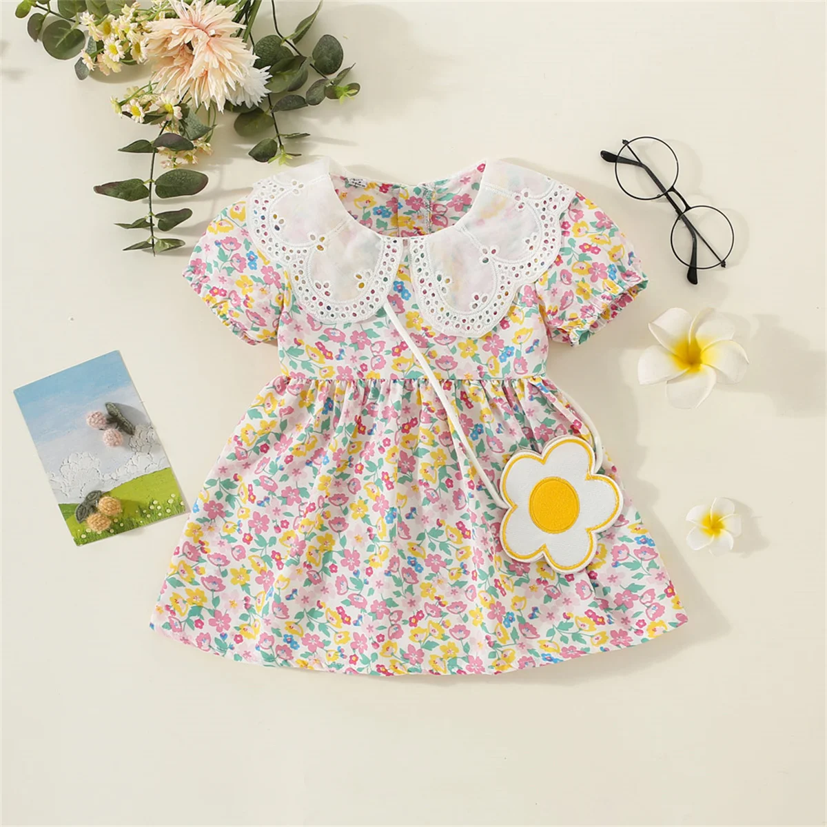 2 pezzi/set della nuova estate vestito floreale per bambini con risvolto manica corta gonna in Chiffon al ginocchio per l\'uso quotidiano