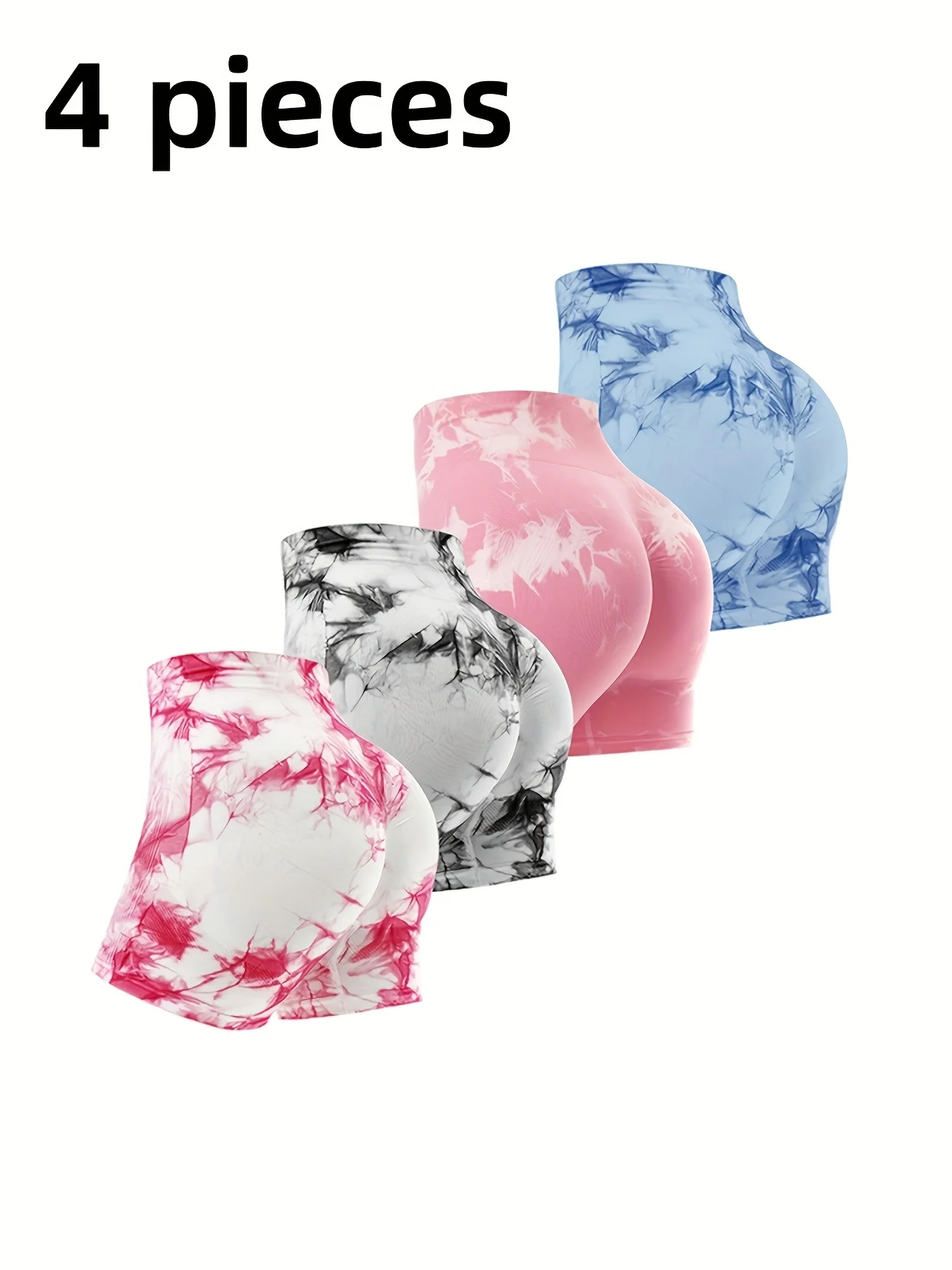 

4-Piece Set of Seamless Tie-Dye Glossy High Waisted Yoga Shorts Set for Sportswear, Women's Tight Running Sports Fitness Shorts,