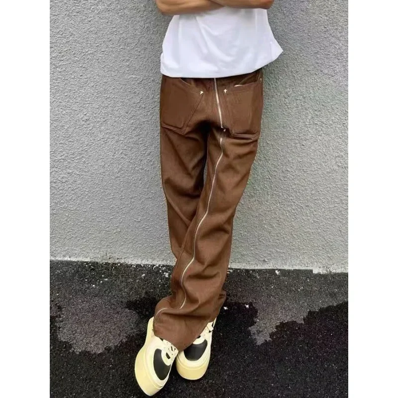 

LIBIELIY Four Seasons Men's Loose Solid Color Fake Zipper Bootbut Jeans Pants American High Sreet Trendy Denim Trousers Male Bl