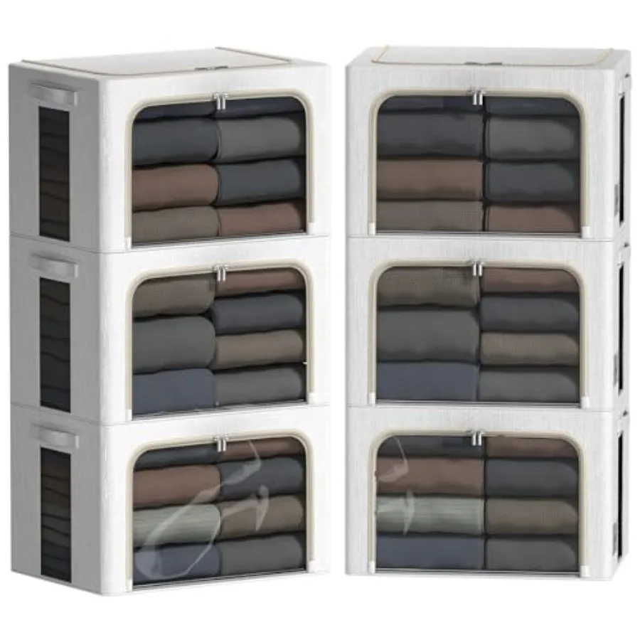 

6 Pack Clothes Storage Bins with Metal Frame Foldable Storage Bins for Clothes Linen Fabric Storage Box with Clear Window,15.7x