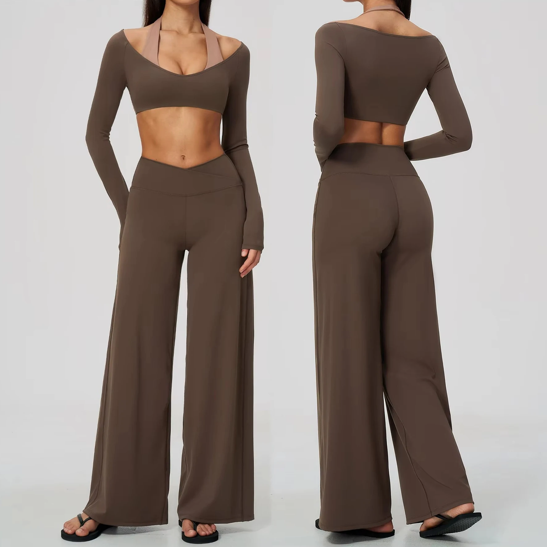 2 Piece Women Tracksuit Fitness Set Pilates Workout Clothing Yoga Set Sportswear Long Sleeve Top Wide Leg Pants Athletic Wear