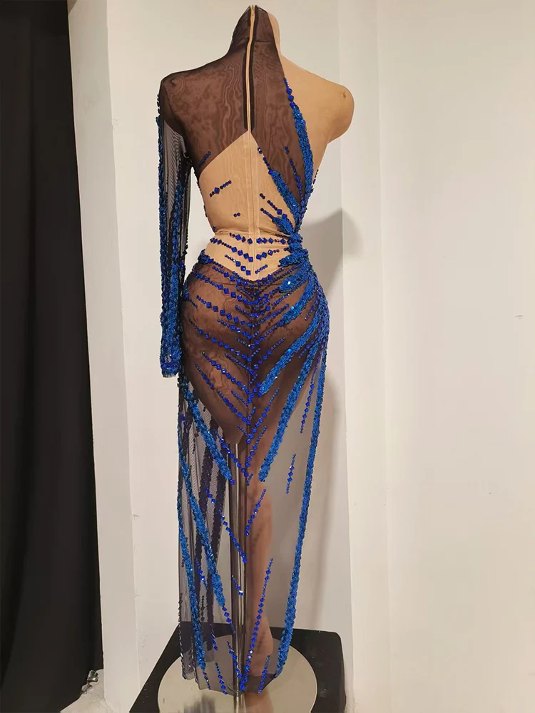 Sexy Sparkly Dark Blue Crystal One Shoulder Split Dress Mesh See Transparent Party Latin Dance Club DJ Outfit Celebrate Designer view 2