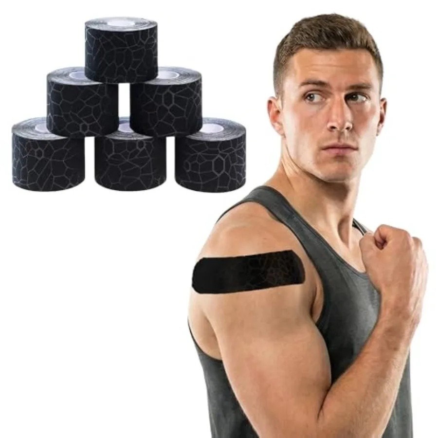 THERABAND Kinesiologie-Tape, Schwarz/Schwarz, 5 cm x 5 m Rolle, 6er-Pack mit XactStretch-Indikatoren, Langlebiges Athleten-Tape für S