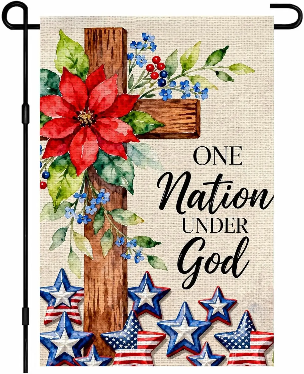 One Nation Under God Garden Flag 12x18 Inch – Patriotic Christian Cross Outdoor Flag Double Sided Burlap Floral Stars Yard D MMZ
