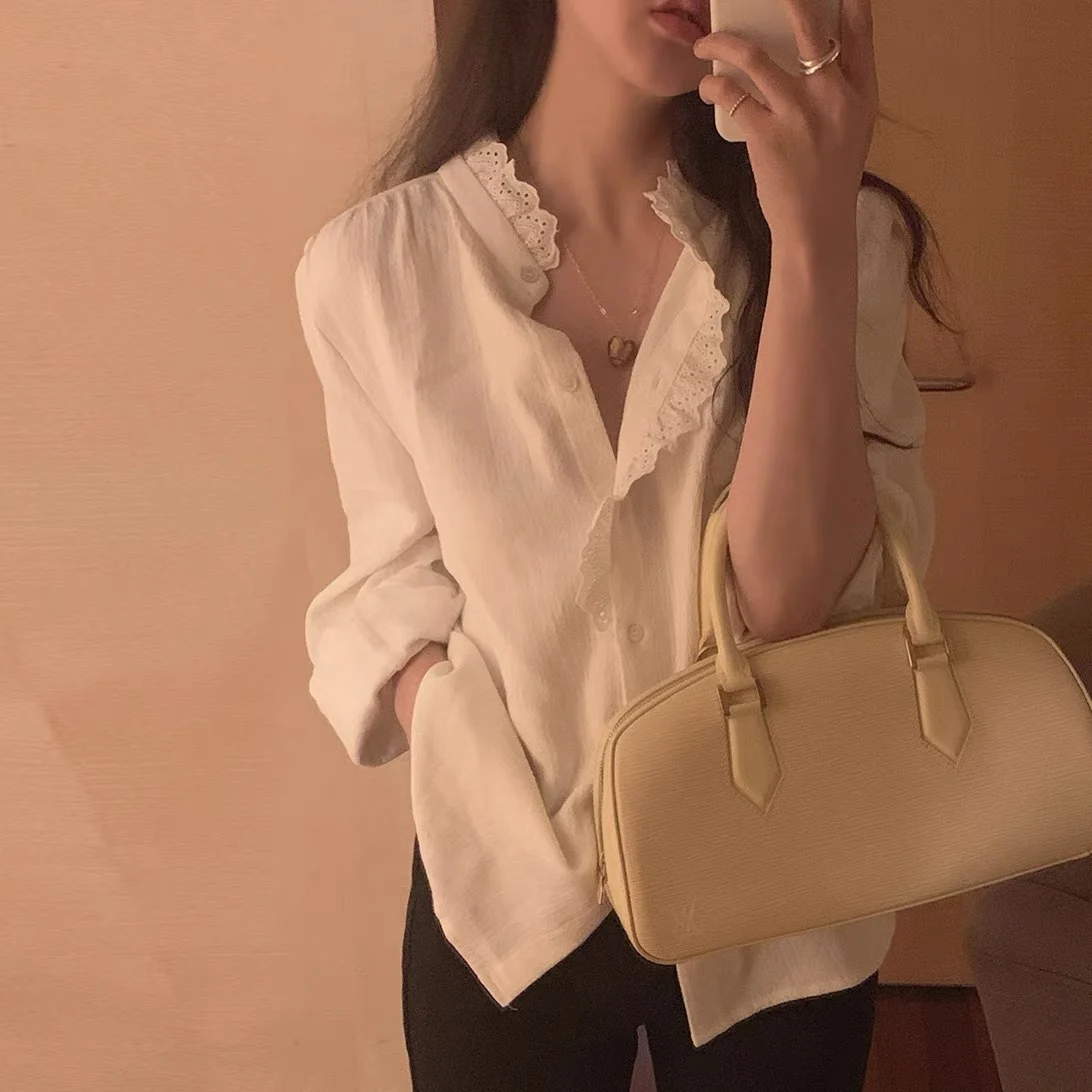 Chic Long Sve da donna irt coreano Sle delicato dolce versatile semplice eleganza pizzo finiture splicing traspirante delicato sulla pelle