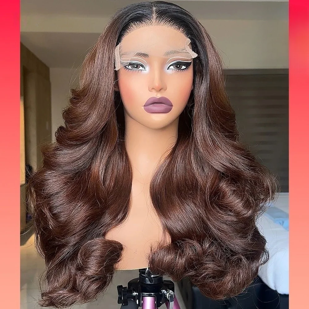 

26-дюймовый Ombre Коричневый Мягкий Длинный Волнистый 5x5 Шелковая Основа Бесклеевой Еврейский Парик Человеческих Волос с Babyhair HD Кружева Европейские Волосы Предварительно Сорванные