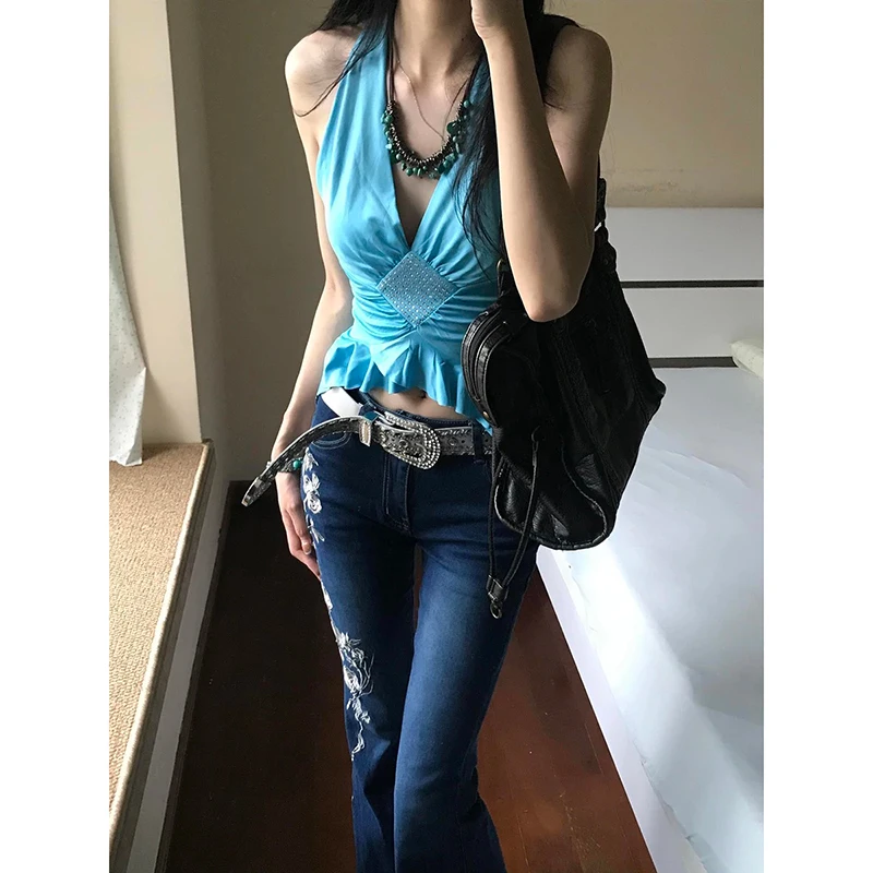 

Vintage Blue Y2k Rose Embroidery Flare Jeans Women 2025 Autumn High Waist Baggy Denim Pants Streetwear American Retro Trousers