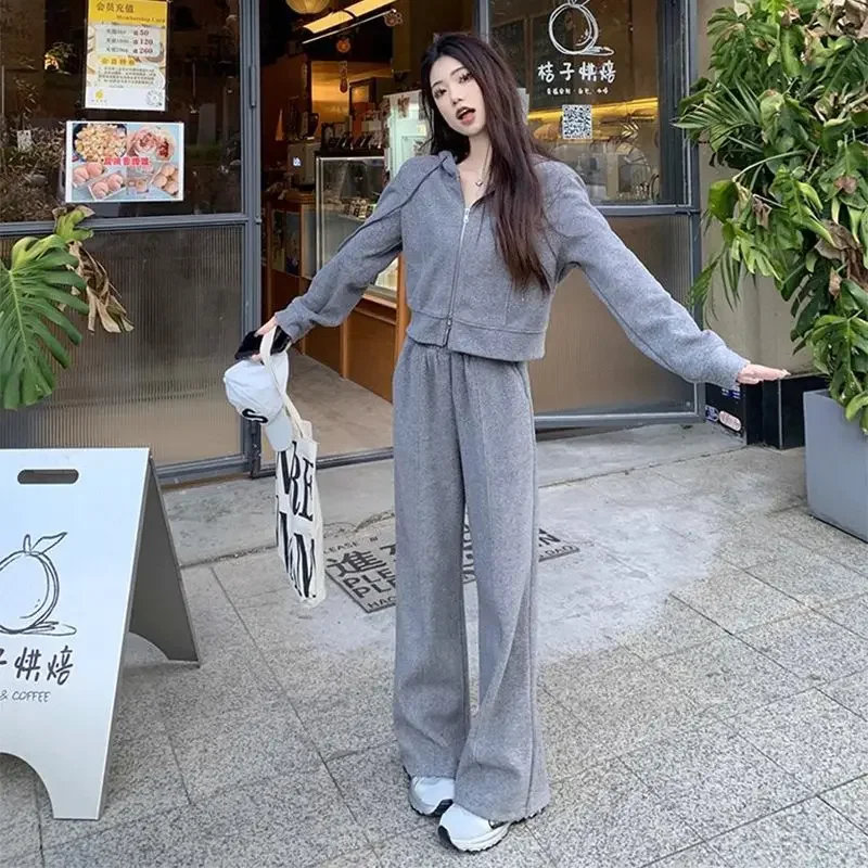 

Two Piece Hooded Zipper Sweatshirt Wide Leg Pants Women Spring Autumn New Loose Casual Sports Suit