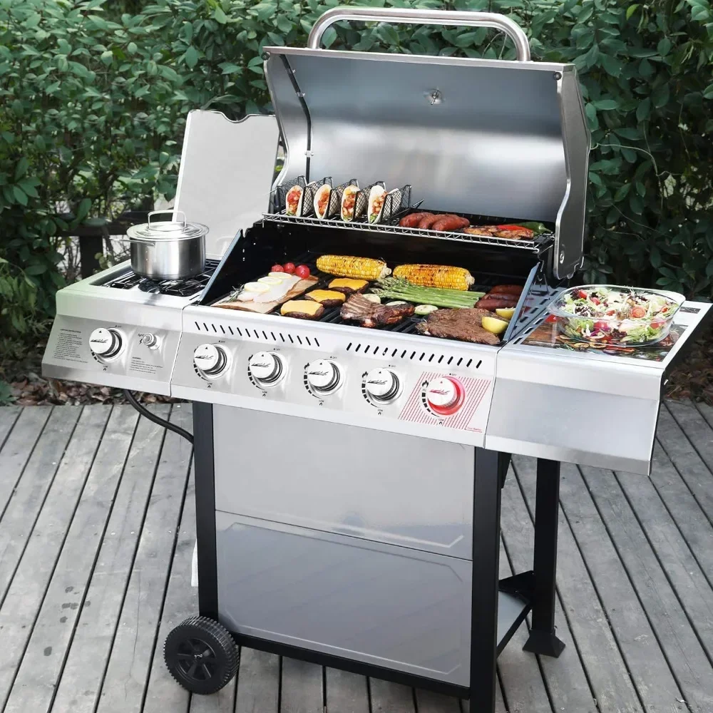 5-Burner BBQ Propane Grill, Stainless Steel Barbecue Gas Grill for Outdoor Patio Garden Picnic Backyard Cooking