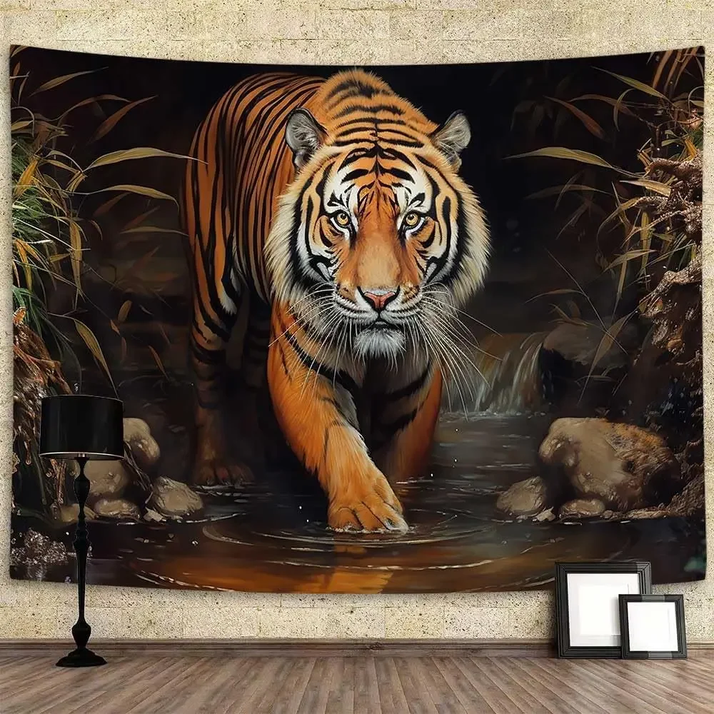 Majestic Tiger in Forest Stream Tapestry, Realistic Wild Animal Print Wall Hanging for Bedroom Living Room Dormitory Decor
