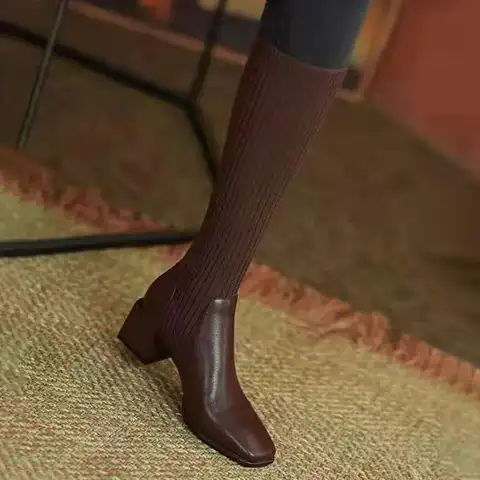 घुटने जांघ उच्च सॉक जूते महिला शीतकालीन 2024 बूट महिलाओं के लिए महिलाओं के लंबे जूते में नए सुरुचिपूर्ण शरद ऋतु ब्राउन वेजेज लोचदार हॉट 10 best sales महिलाओं के लिए सॉक बूट - №7