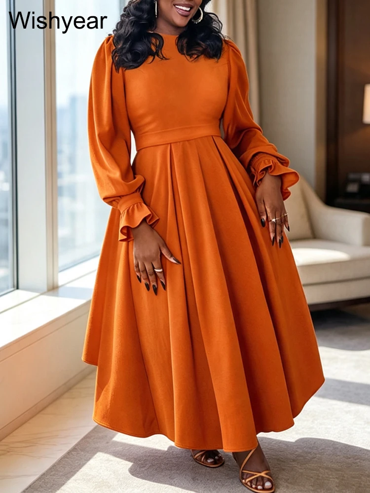Women’s Orange Long Sleeve Midi Dress Round Neck High Waist Flared Swing Dresses Elegant Party Wedding Guest Outfit African 2026