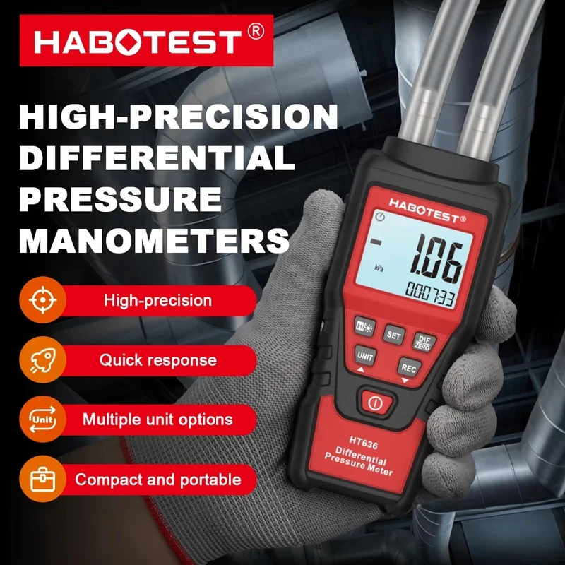 HABOTEST HT636 Digital Differential Manometer Air Pressure Gauge Precision Detector Kit