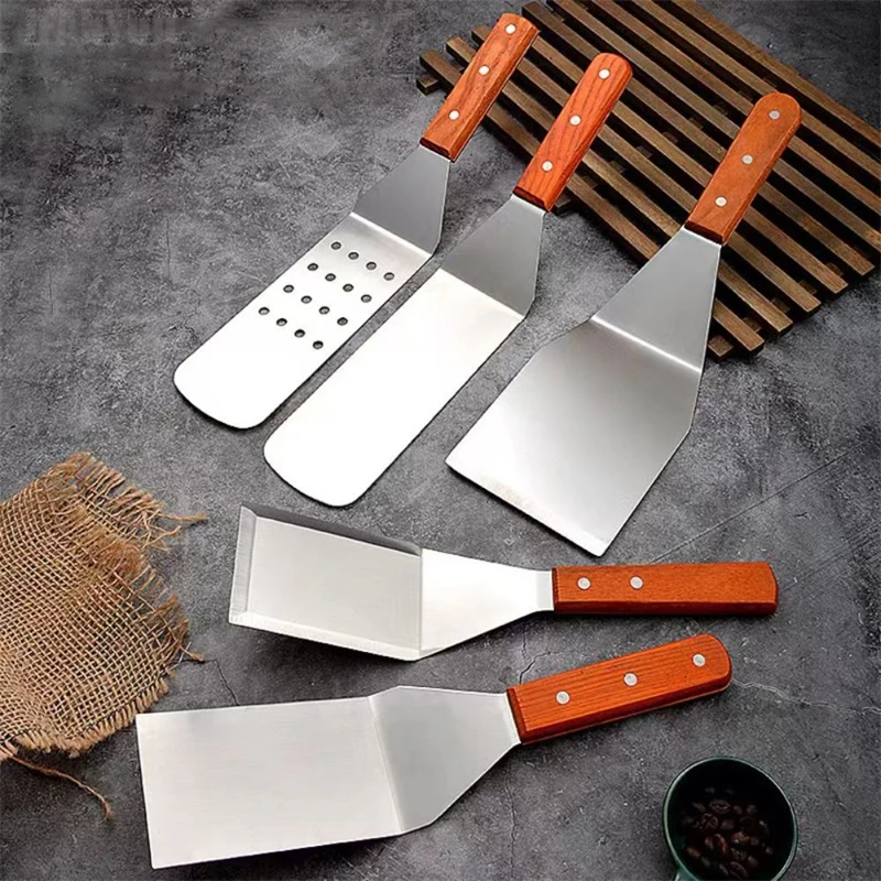 Espátula y raspador de parrilla de acero inoxidable, herramientas de cocina duraderas antiadherentes para barbacoa, pala para Pizza, tortitas, carne, utensilios para barbacoa