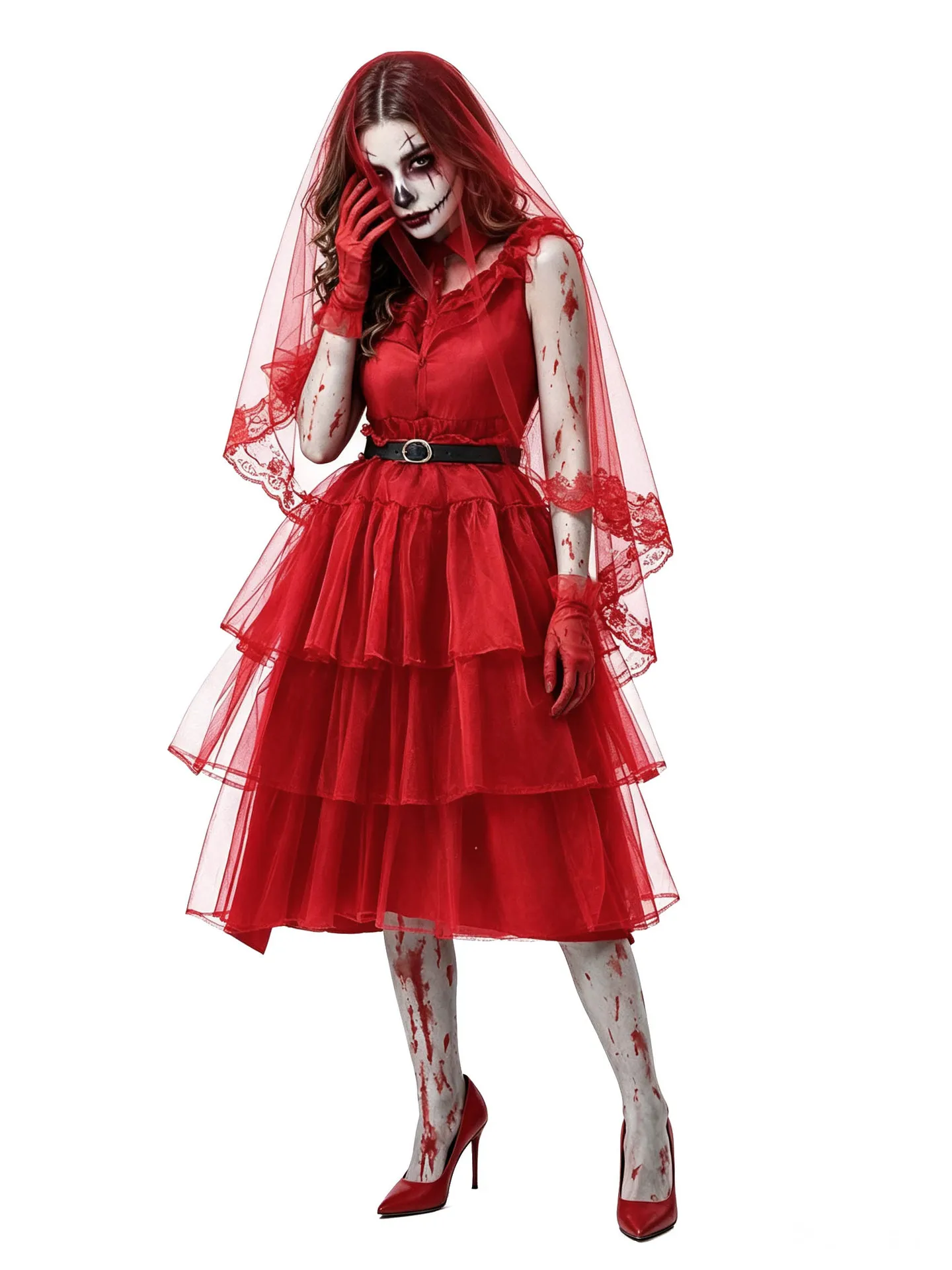 Halloween Blutfleck Zombie Brautkleid Rotes Ärmelloses Netzrock Horror-Themenparty Club Nacht Spitzen-Schleier Cosplay-Kostüm – Detail 5