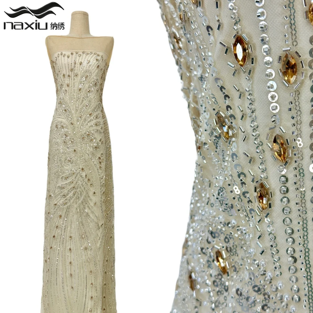 

Madison Luxury African Beaded Lace Fabric High-Quality Lace Stones Nigerian French Sequined Mesh Lace Fabric for Wedding Dress