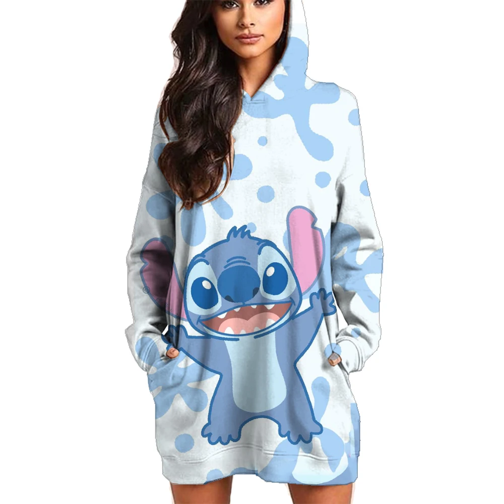 Ladies Sweater Christmas Printing Disney Stitch Round Neck Long Sleeve Hooded Sweater Dress Simple Fashion Ladies Clothing New