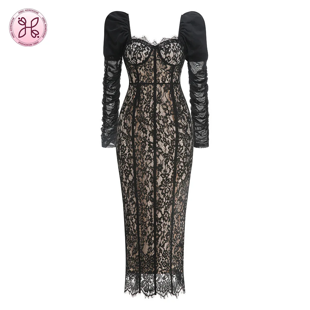 

Couture Black Gown - Guipure Lace with Structured Sleeve & Openwork Panels