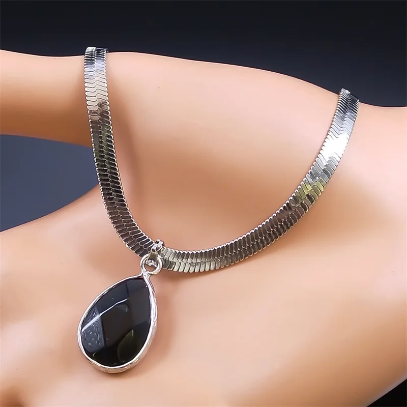 Gothic Water Drop Black Obsidian Necklace Women Stainless Steel Clavicle Snake Chain Choker Natural Stone Necklaces Kpop Jewelry