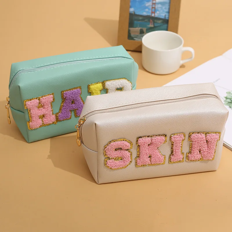 Patch Makeup Bag Chenille Letter Cosmetic Pouch Travel Organizer For Women Teen Girls Cute Aesthetic Trendy Clutch Stuff Gifts