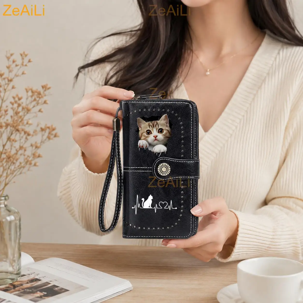 2D Cute Cat Heart-Shaped Print Wallet for Women RFID Large Capacity Long Wallet Multi-card Purse with Wrist Strap Gift
