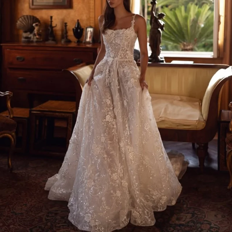 

Shiny ivory white Appliques Wedding Dresses off-shoulder A skirt glitter flower decal Gowns Made wedding dress Customized