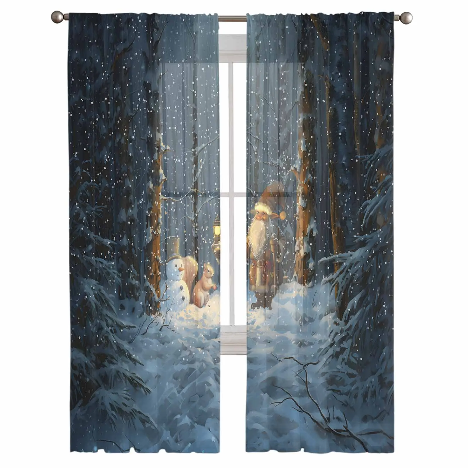 Christmas Tree Forest Dwarf Snowman Squirrel Bedroom Transparent Sheer Curtains Holiday Decoration Window Voile Tulle Curtain