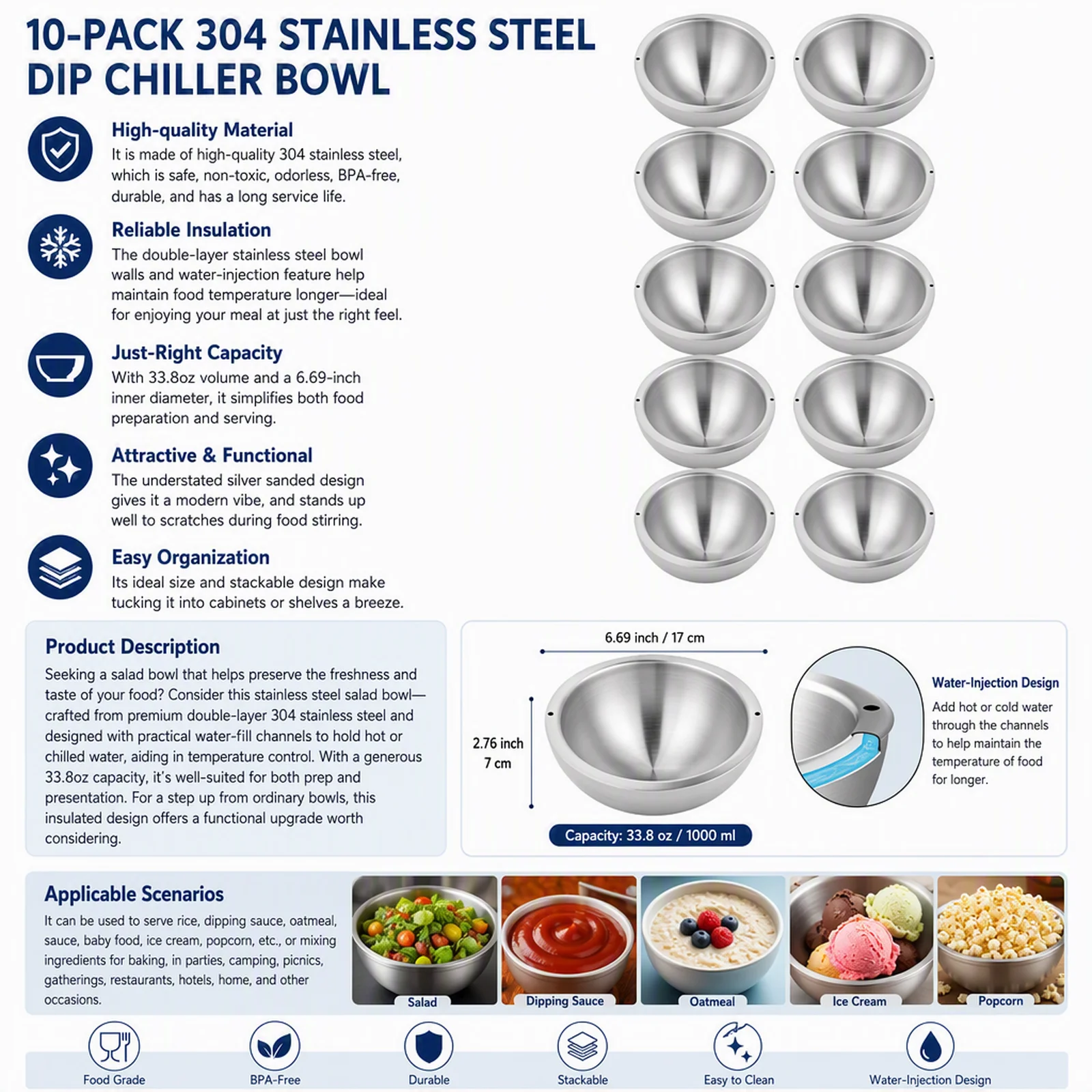 10-Pack Stainless Steel Salad Bowl Set with Water Injection Holes, Insulated Double-Layer 304 Bowl 33.8oz for Salad Rice Soup Oatmeal Sauce, Silver Kitchen