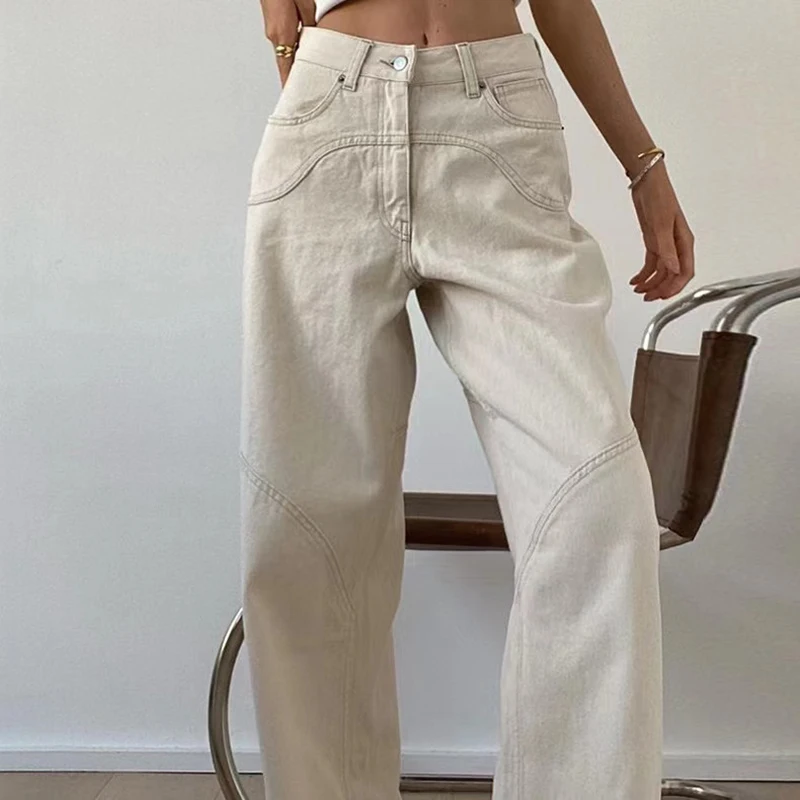 Vintage Beige High Waist Straight Jeans Women Summer Bf Loose Casual Denim Trousers Fashion All Match Streetwear Wide Leg Pants